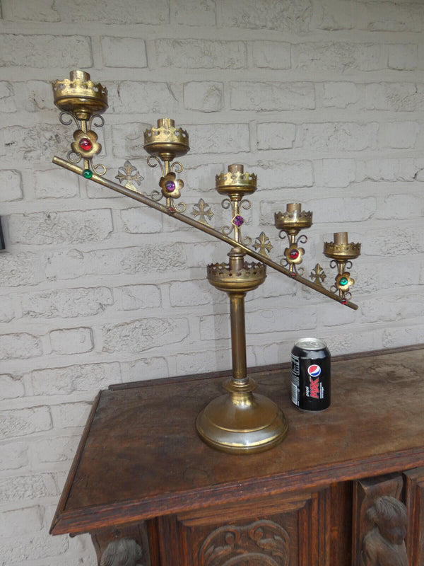 Antique French brass copper Altar candelabra candle holder church  stones