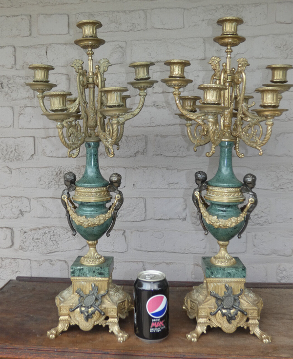 PAIR XL Green marble candelabras candle holders putti angels bronze