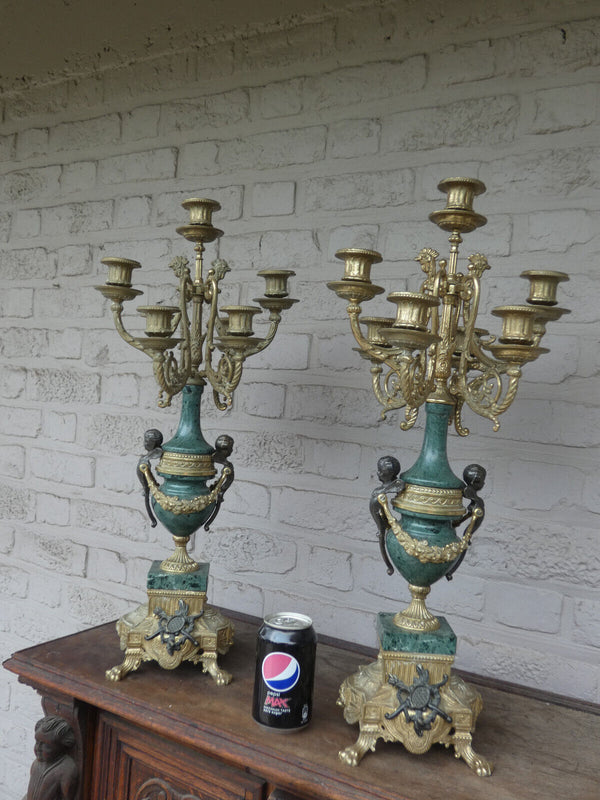 PAIR XL Green marble candelabras candle holders putti angels bronze
