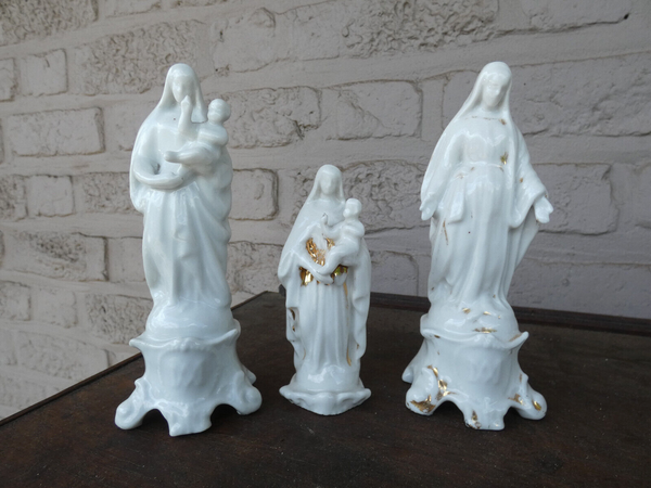 Set 3 antique french vieux paris porcelain figurine statue mary madonna