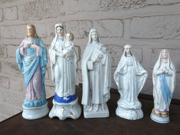 Set 5 antique french vieux paris porcelain figurine statue religious madonna