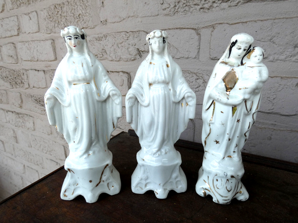 Set 3 antique french vieux paris porcelain figurine statue mary madonna