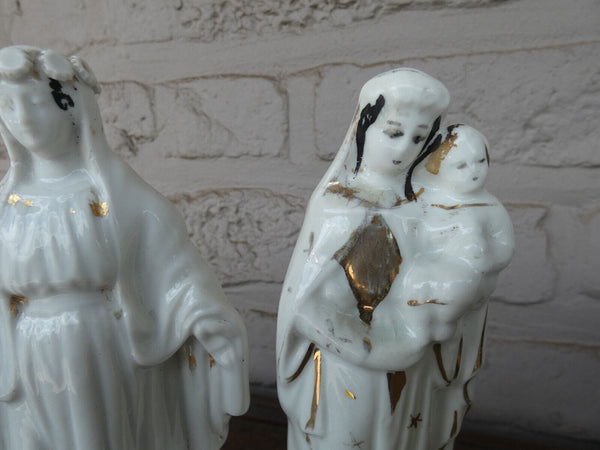 Set 3 antique french vieux paris porcelain figurine statue mary madonna