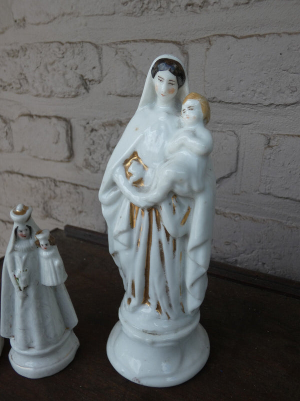 Set 3 antique french vieux paris porcelain figurine statue religious madonna