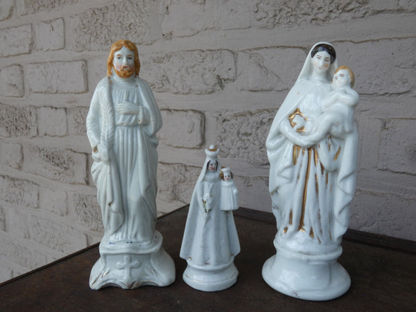 Set 3 antique french vieux paris porcelain figurine statue religious madonna