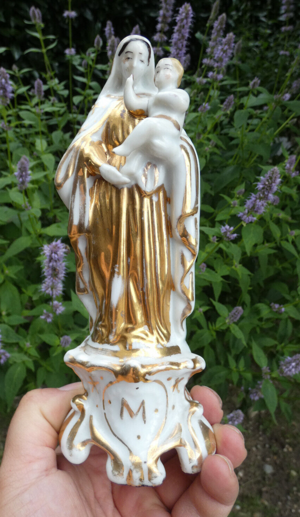 Antique french vieux paris porcelain madonna figurine statue 19thc