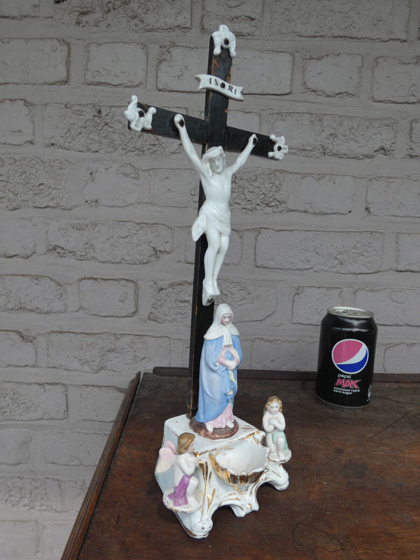 Antique 19thc vieux old paris porcelain holy water font crucifix angels