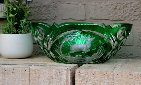 Large Vintage Czech bohemia art glass crystal Bowl hunting deer green