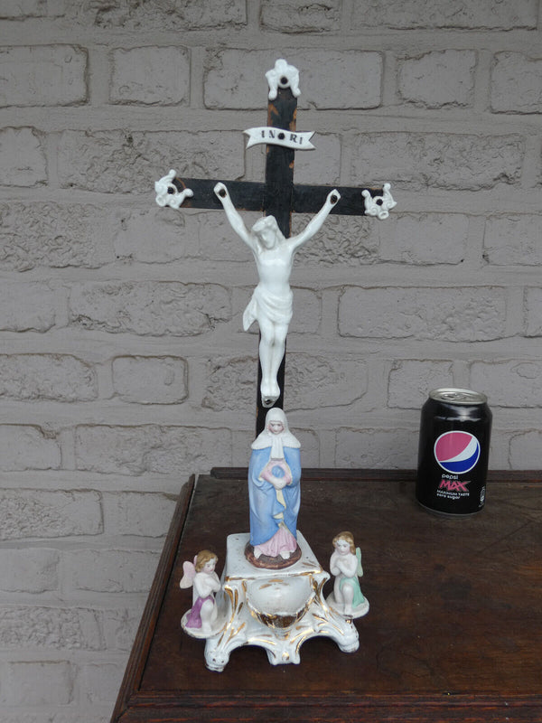 Antique 19thc vieux old paris porcelain holy water font crucifix angels