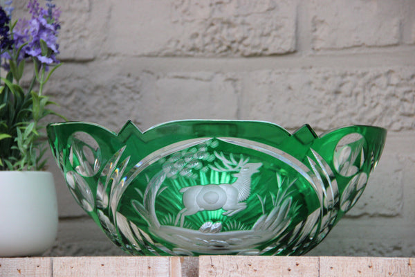 Large Vintage Czech bohemia art glass crystal Bowl hunting deer green