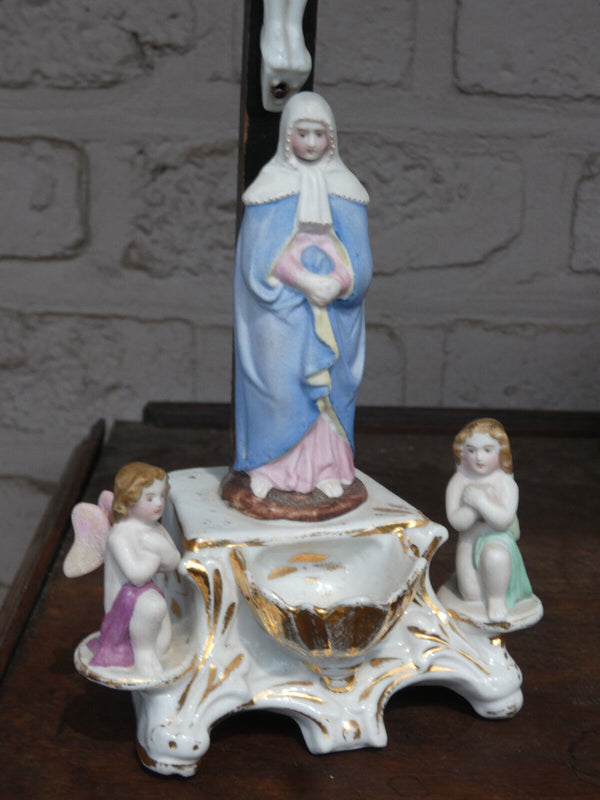 Antique 19thc vieux old paris porcelain holy water font crucifix angels