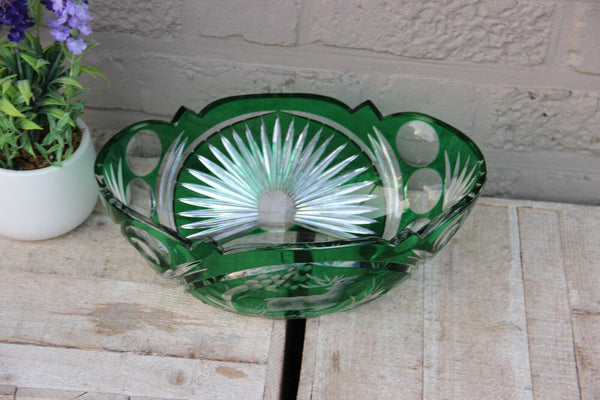 Large Vintage Czech bohemia art glass crystal Bowl hunting deer green