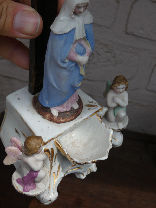 Antique 19thc vieux old paris porcelain holy water font crucifix angels