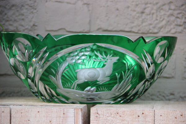 Large Vintage Czech bohemia art glass crystal Bowl hunting deer green