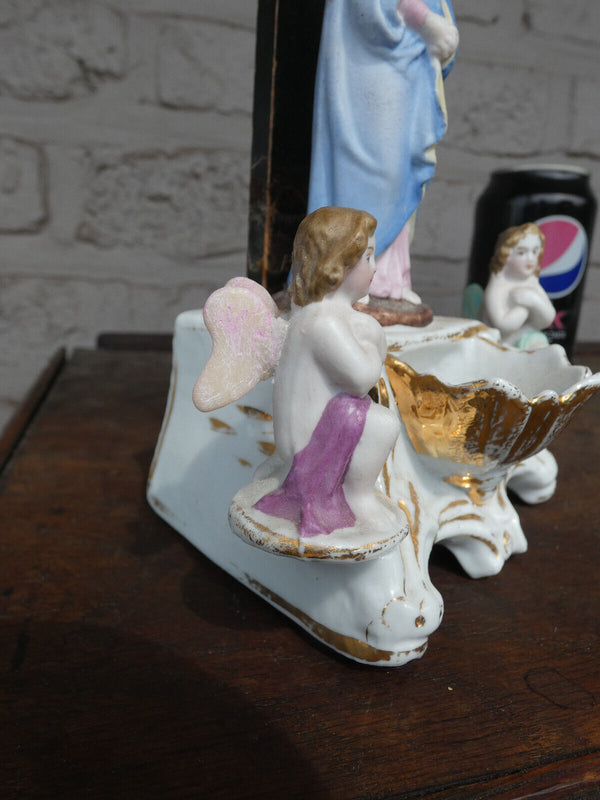 Antique 19thc vieux old paris porcelain holy water font crucifix angels