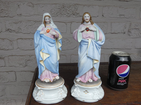 PAIR antique vieux andenne bisque porcelain sacred heart mary jesus statue