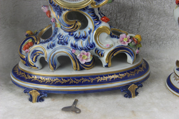 Set French clock vases capodimonte  porcelain relief floral decor