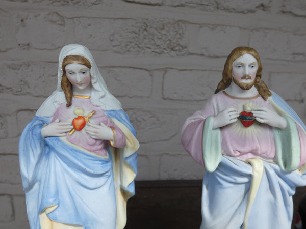 PAIR antique vieux andenne bisque porcelain sacred heart mary jesus statue