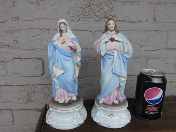 PAIR antique vieux andenne bisque porcelain sacred heart mary jesus statue