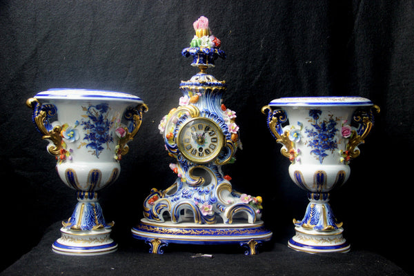 Set French clock vases capodimonte  porcelain relief floral decor