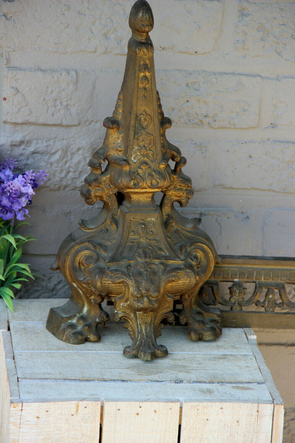 French antique bronze Fireplace andirons Set Lions gothic castle theme 19th c