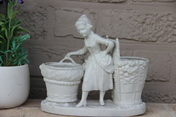 Antique French bisque porcelain planter jardiniere vase young girl baskets