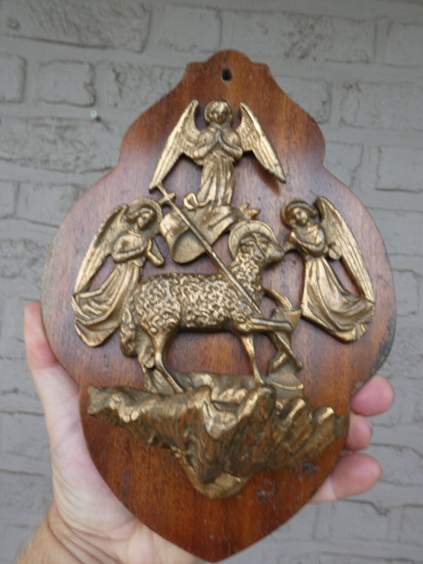 Antique bronze wood plaque holy water font angels agnus dei rare