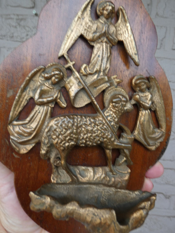 Antique bronze wood plaque holy water font angels agnus dei rare