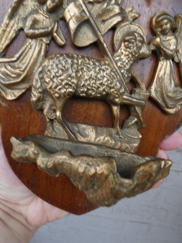 Antique bronze wood plaque holy water font angels agnus dei rare