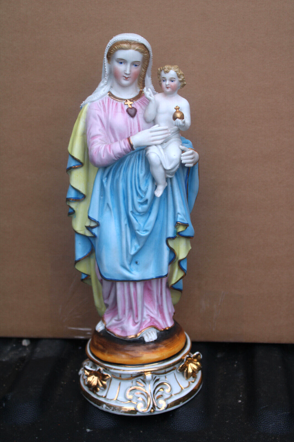 Antique french vieux paris porcelain madonna child statue figurine