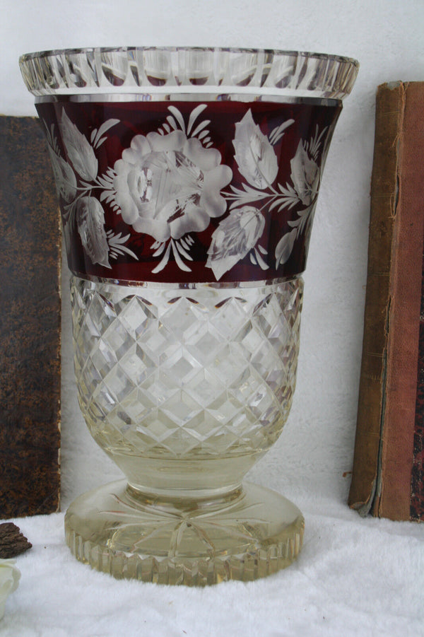 XL  Bohemian  Czech Red Crystal Glass Floral etched Vase rare model 60's