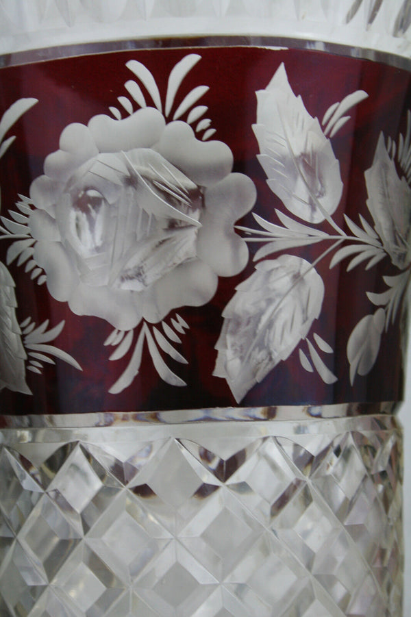 XL  Bohemian  Czech Red Crystal Glass Floral etched Vase rare model 60's