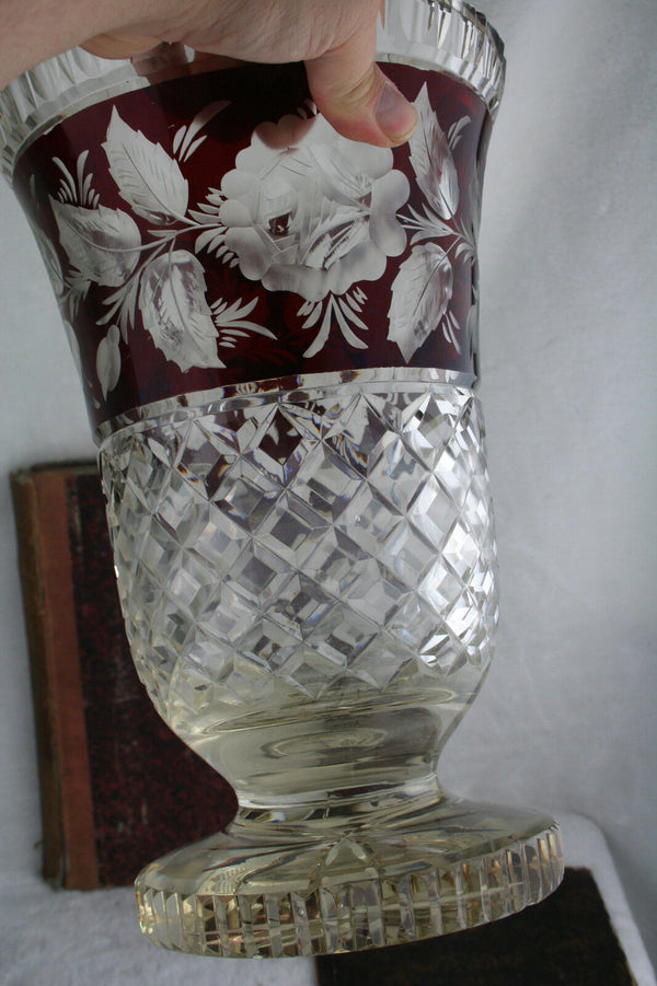 XL  Bohemian  Czech Red Crystal Glass Floral etched Vase rare model 60's