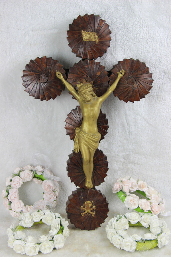 Antique French Wood cardboard French crucifix cross religious