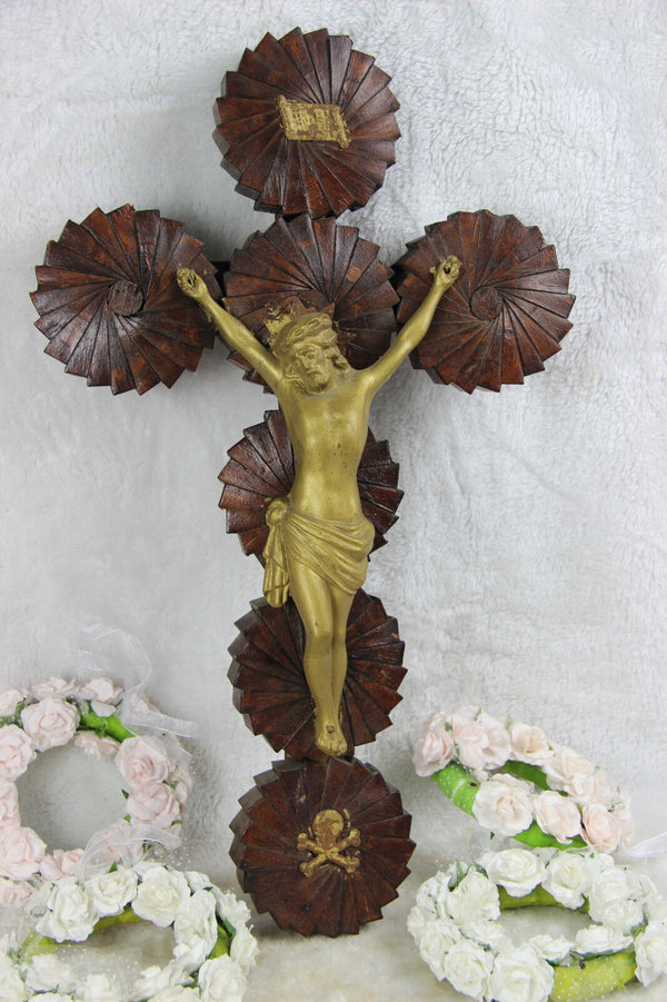 Antique French Wood cardboard French crucifix cross religious