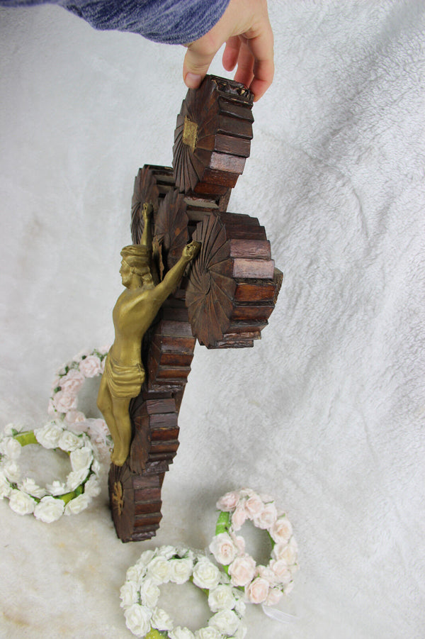 Antique French Wood cardboard French crucifix cross religious