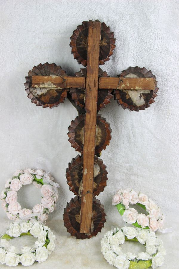 Antique French Wood cardboard French crucifix cross religious