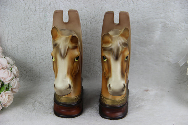 PAIR mid century Horse faience book ends retro 1970 equestrian