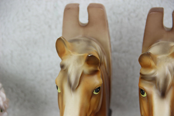 PAIR mid century Horse faience book ends retro 1970 equestrian