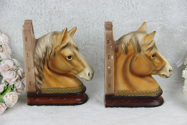 PAIR mid century Horse faience book ends retro 1970 equestrian