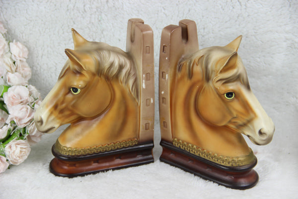 PAIR mid century Horse faience book ends retro 1970 equestrian