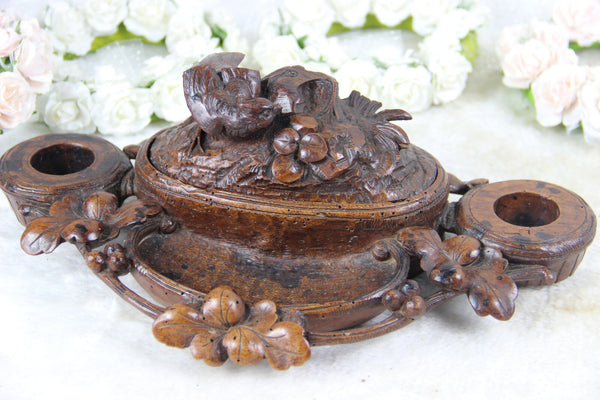 Antique German black forest wood carved bird nest inkwell 19thc