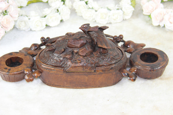 Antique German black forest wood carved bird nest inkwell 19thc