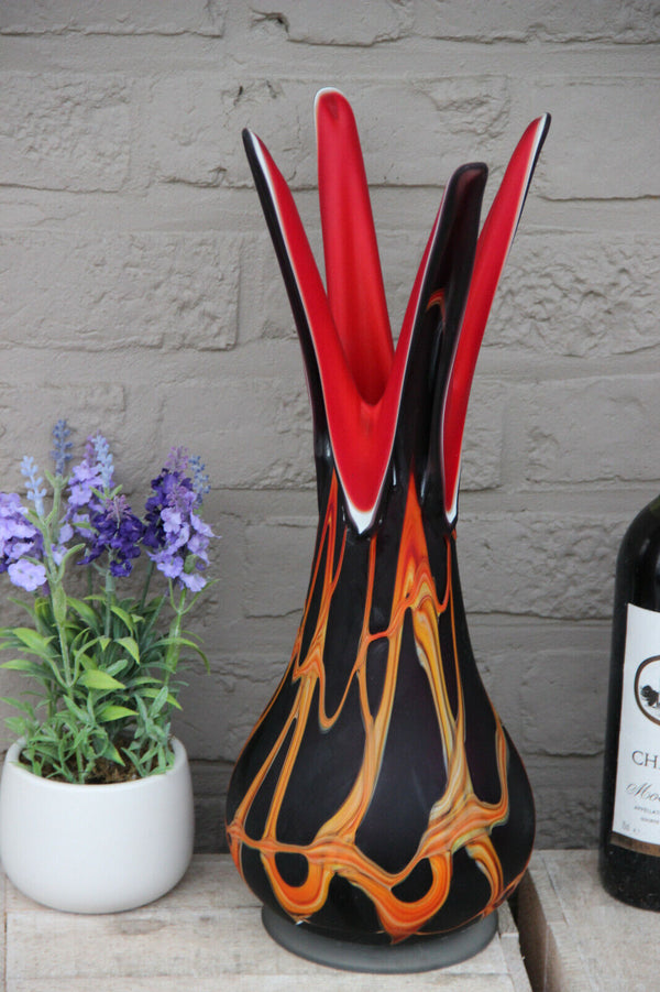 Retro Hand blown Art Glass Murano Vase black red lava Rare form 1970