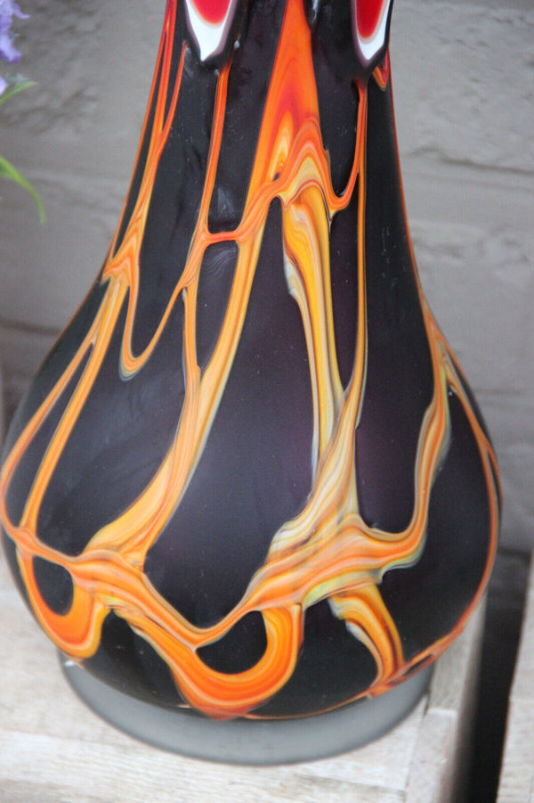 Retro Hand blown Art Glass Murano Vase black red lava Rare form 1970