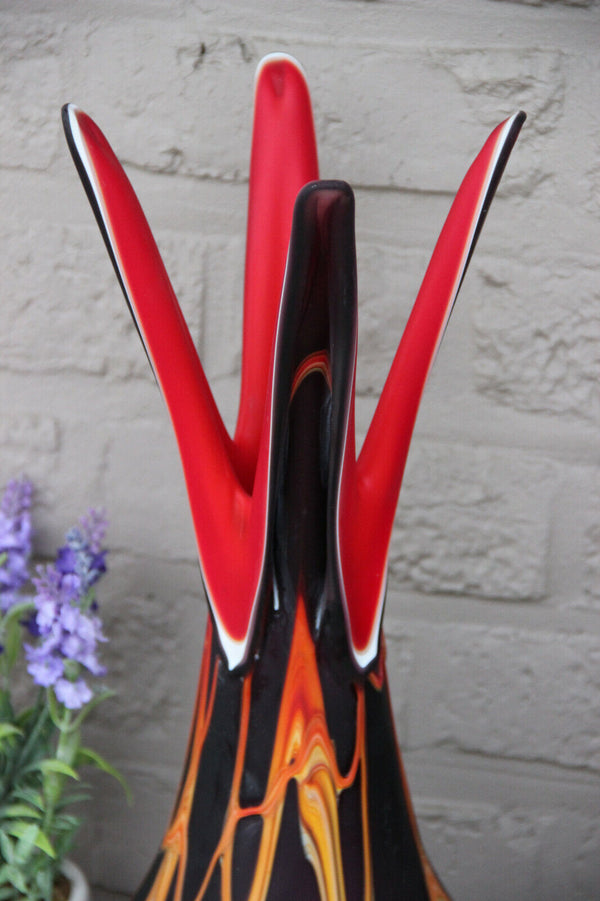 Retro Hand blown Art Glass Murano Vase black red lava Rare form 1970