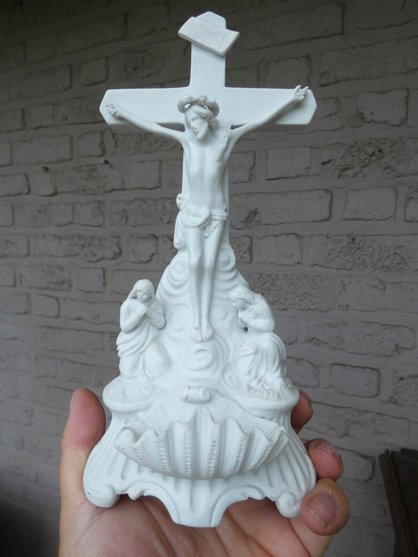 Antique french bisque porcelain holy water font crucifix angels rare 19thc