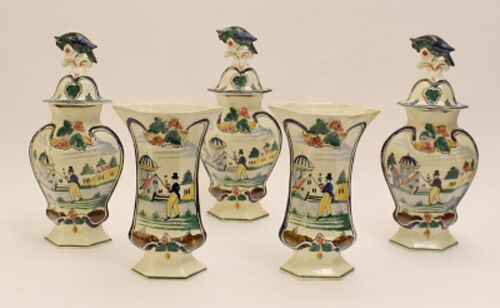 Antique Vases French Set 5 polychrome pottery  QUIMPER Vases