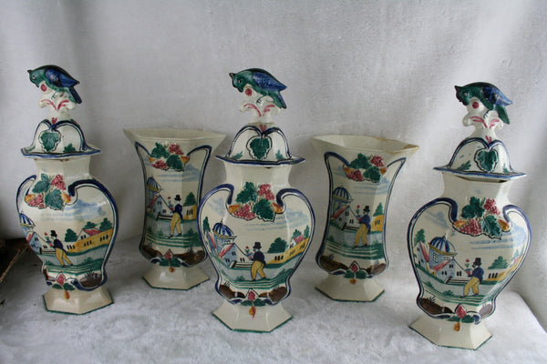 Antique Vases French Set 5 polychrome pottery  QUIMPER Vases