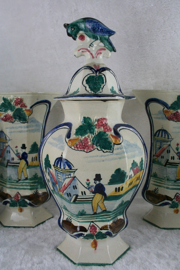 Antique Vases French Set 5 polychrome pottery  QUIMPER Vases